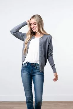 Sweet Salt Round Neck Cardigan Top Gray