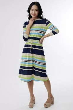 Sweet Salt 3/4 Sleeve Drawstring Waist Dress Blue Stripe