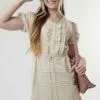 Sweet Salt Dress Ruffle Placket Puff Sleeve Tan -Modest Clothing Sales 1383577 P Ruffle Placket Puff Slv Dress Tan 166797