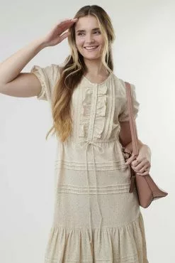 Sweet Salt Dress Ruffle Placket Puff Sleeve Tan