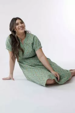 Sweet Salt Elastic Waist Puff Sleeve Dress Green Floral
