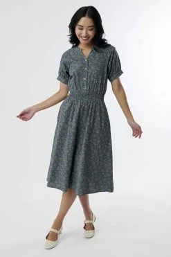 Sweet Salt Elastic Waist Puff Sleeve Dress Blue Floral