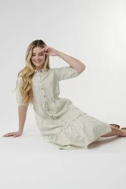 Sweet Salt Drawstring Waist Dress Green And Rust Stripe