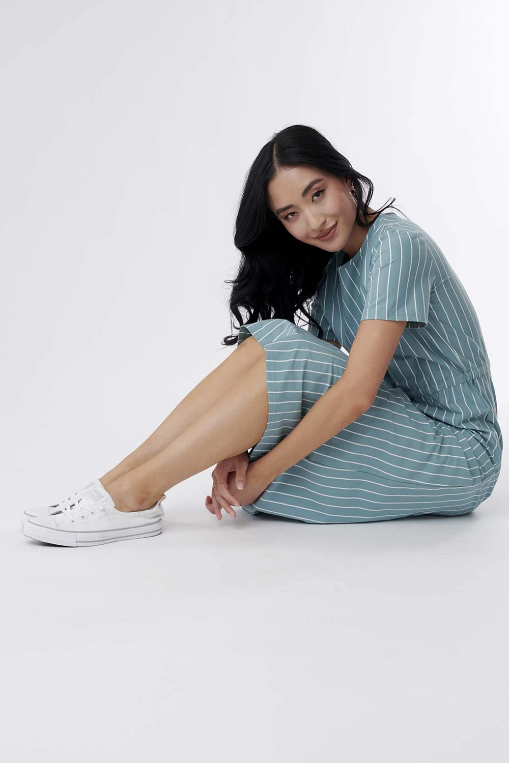 Sweet Salt Short Sleeve Waist Tie Knit Dress Teal Stripe