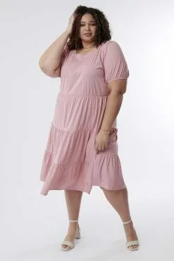 Sweet Salt Cuffed Sleeve Knit Tiered Dress Pink