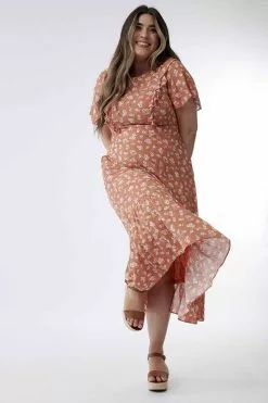 Sweet Salt Shoulder Ruffle Maxi Dress Orange Floral