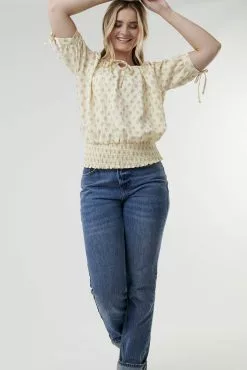 Sweet Salt Shirred Waist Tie Sleeve Top Cream Floral