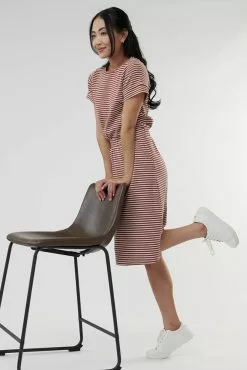Sweet Salt Dress Wide Elastic Waistband Pocket Rust Stripe