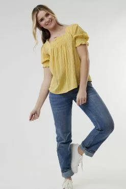 Sweet Salt Top Square Neck Shirring Puff Sleeve Yellow