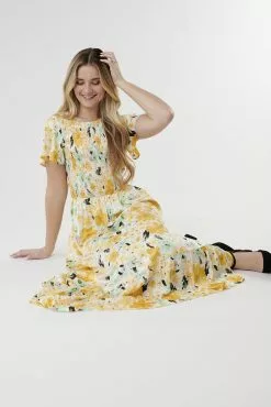 Sweet Salt Dress Smocked Bodice Flutter Sleeve Yellow Floral