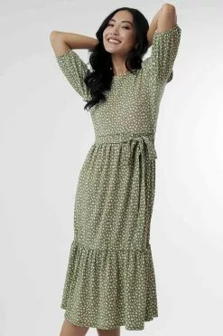Sweet Salt Dress Tie Waist Bottom Tier Olive Green