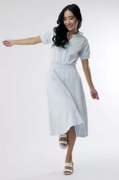 Sweet Salt Dress Elastic Waist Puff Sleeve Sky Blue
