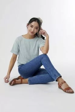 Sweet Salt Top Round Neck Rolled Cuff Sleeve Teal