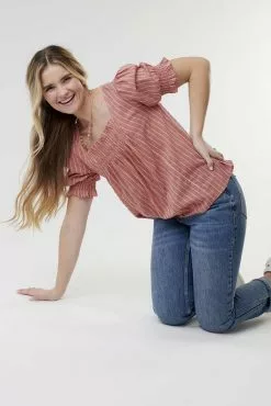 Sweet Salt Top Square Neck Shirring Puff Sleeve Pink