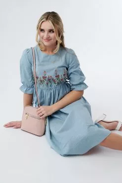 Sweet Salt Dress Side Waist Tie Embroidery Dusty Blue