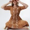 Sweet Salt V Neck Embroidered Dress Camel -Modest Clothing Sales 1396782 P V Neck Embroidered Dress Camel 71699