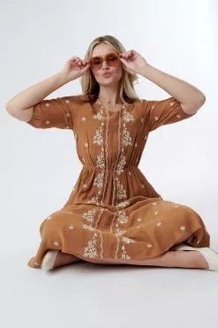Sweet Salt V Neck Embroidered Dress Camel