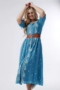 Sweet Salt V Neck Embroidered Dress Turquoise