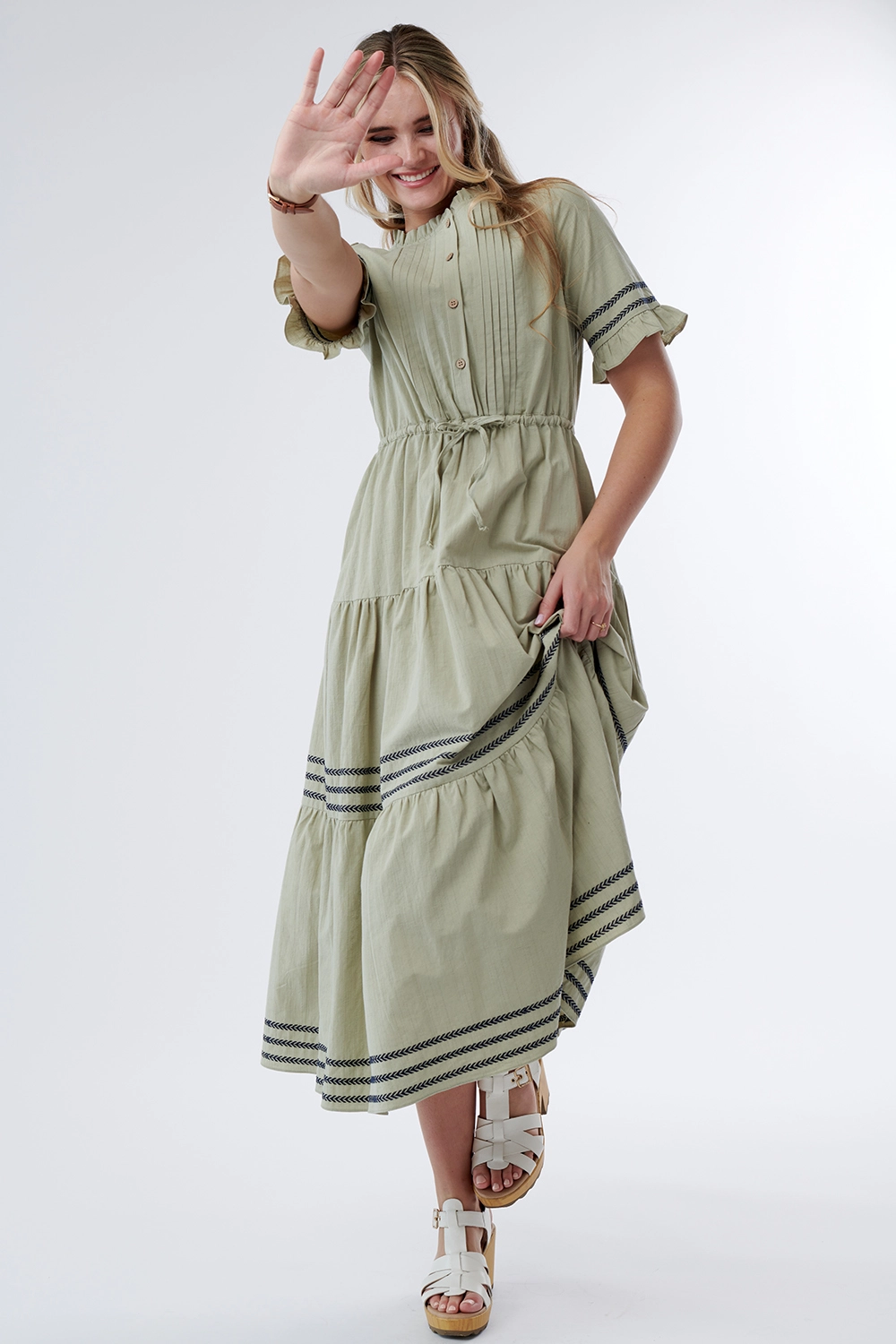 Sweet Salt Dress Pin Tuck Top Drawstring Waist Light Olive