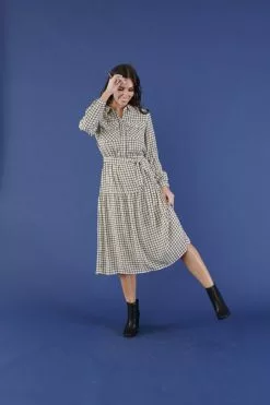 Sweet Salt Dress Hidden Placket Tie Waist Ivory/Gray