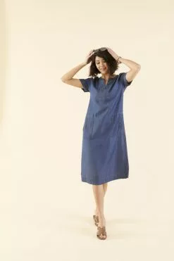 Sweet Salt Dress Patch Pocket Cuff Sleeve Dark Wash