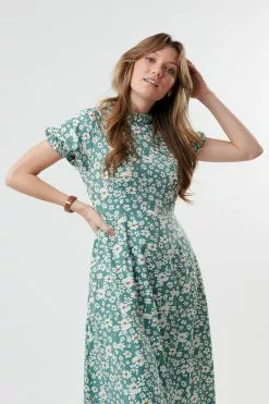 Sweet Salt Dress Raglan Sleeve Ruffle Neck Green Floral