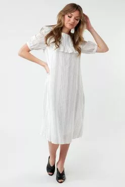 Sweet Salt Dress Ruffle Yoke Cuffed Sleeve White/Gray