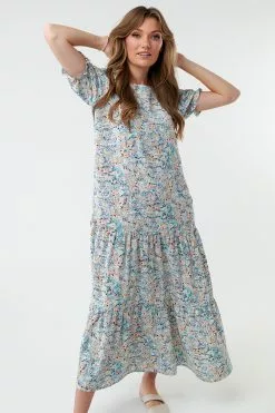 Sweet Salt Dress Tiered Skirt Cuffed Sleeve Blue