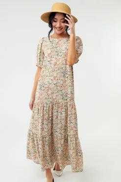 Sweet Salt Dress Tiered Skirt Cuffed Sleeve Khaki