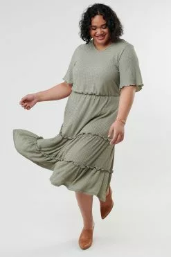 Sweet Salt Dress V Neck Bell Sleeve Olive Green