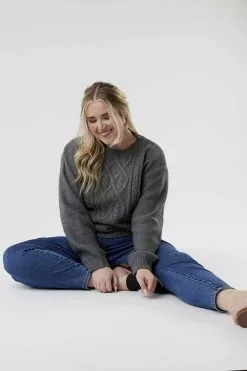 Sweet Salt Drop Shoulder Cable Sweater Top Dark Gray