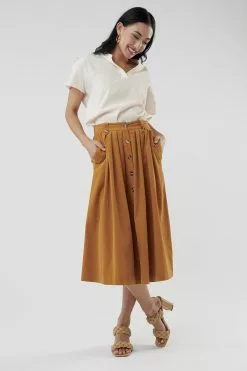 Sweet Salt Flap Pocket Pleated Long Skirt Bronze
