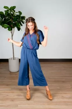 Sweet Salt Jumpsuit Wrap Bodice Embroidered Navy