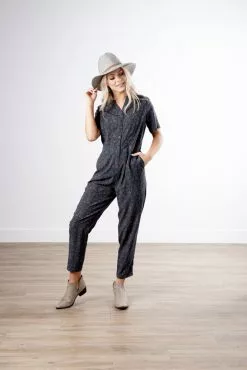 Sweet Salt Mandarin Neck Jumpsuit Leaf Navy