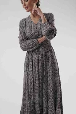 Sweet Salt Long Sleeve Smocking Waist Dress Brown
