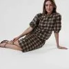 Sweet Salt Puff Sleeve Plaid Top Brown