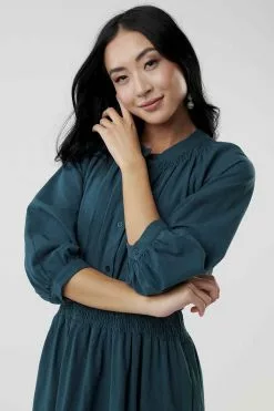 Sweet Salt Raglan Sleeve Button Down Dress Teal