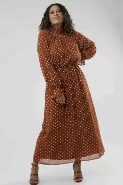 Sweet Salt Smocking Ruffle Neck And Sleeve Dress Brown
