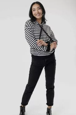 Sweet Salt Striped Pullover Hoodie Top Black/White