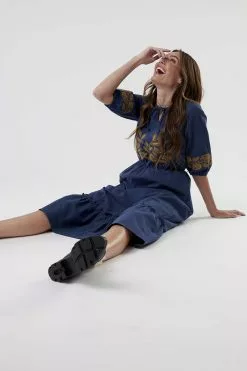 Sweet Salt Tie Neck Embroidery Dress Blue/Yellow