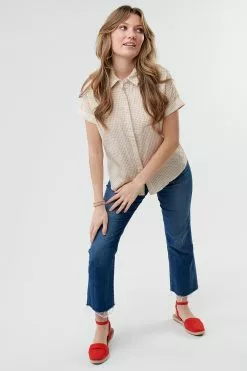 Sweet Salt Top Collar Neck Cuffed Sleeve Beige/White