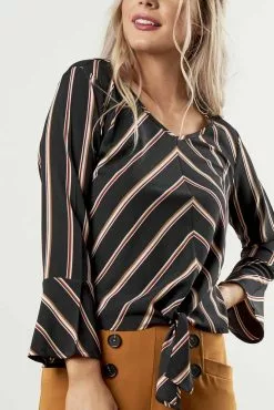 Sweet Salt Flared Sleeve Waist Tie Stripe Top Black Brown