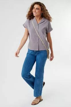 Sweet Salt Top Notched Collar Neck Cuffed Sleeve Gray