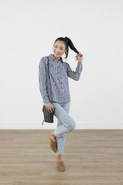 Sweet Salt Top Puff Sleeve Button Up Navy White