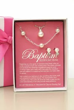 Earrings Necklace And Bracelet Set Baptism Pearls (Clip On)